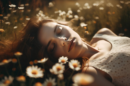 Portrait of a beautiful young woman lying on a field of daisiesの素材
