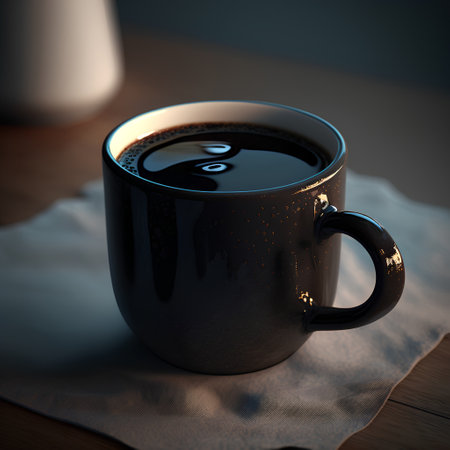 Coffee in a black cup on a wooden table. Dark background.の素材