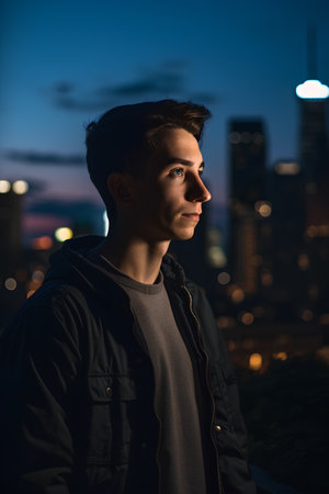 Portrait of a handsome young man in the city at night.の素材