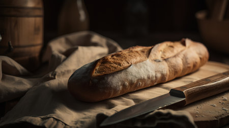 Freshly baked baguette with knife on rustic wooden tableの素材