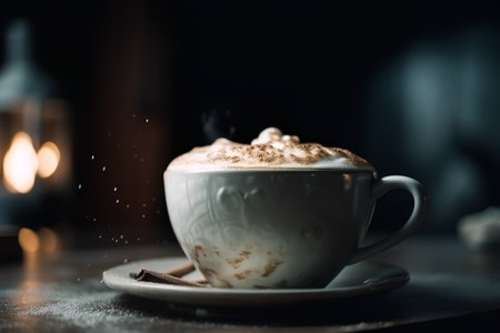 Cup of cappuccino with whipped cream and cinnamon on dark backgroundの素材