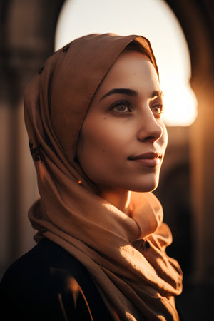 Portrait of a beautiful young muslim woman in hijab looking at cameraの素材