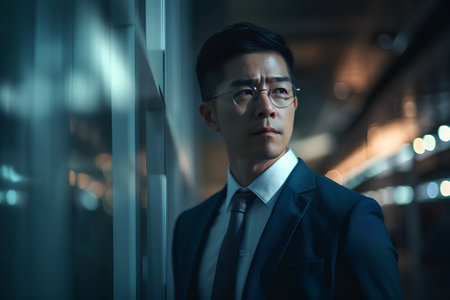 Portrait of a handsome asian man in black suit and glassesの素材