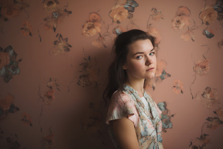 Portrait of a beautiful girl in a floral dress on a background of flowersの素材