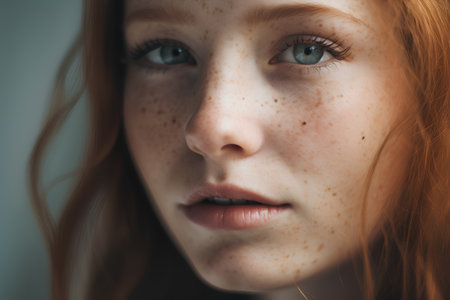 Close up portrait of redhead girl with freckles on her faceの素材