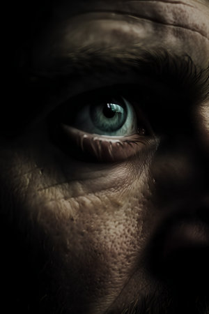 Close up of a man's face with big blue eyes, dramatic lightingの素材