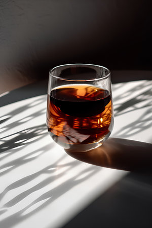 Glass of cognac on a white table with shadows from the window.の素材