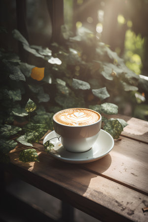 Coffee cup with latte art on wooden table in coffee shopの素材