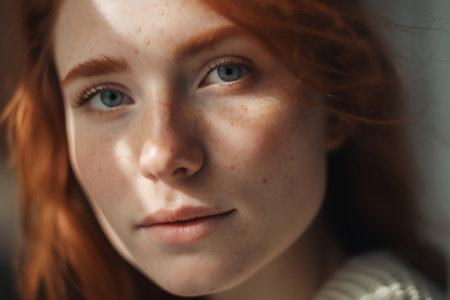 Portrait of a beautiful young woman with freckles and red hairの素材
