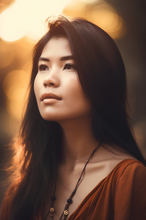 Portrait of young beautiful asian woman with long hair and makeupの素材