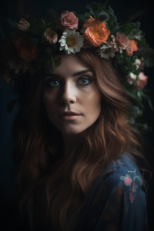 Portrait of beautiful young woman with wreath of flowers on dark backgroundの素材