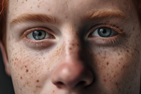 Close-up portrait of freckled redhead girl with frecklesの素材