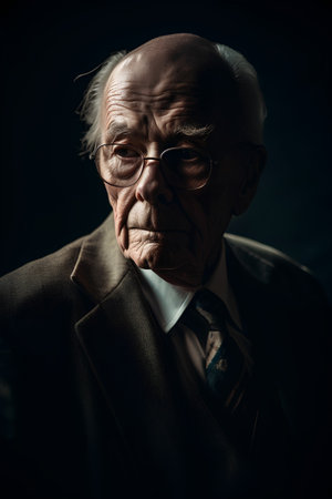 Portrait of an old man in a suit and glasses on a dark backgroundの素材