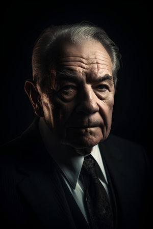 Portrait of an old man in a suit and tie on a dark backgroundの素材