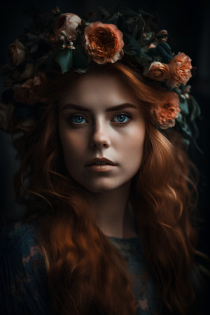 Portrait of a beautiful red-haired girl in a wreath of flowersの素材