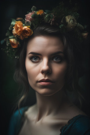 Portrait of young beautiful woman with wreath of flowers on headの素材