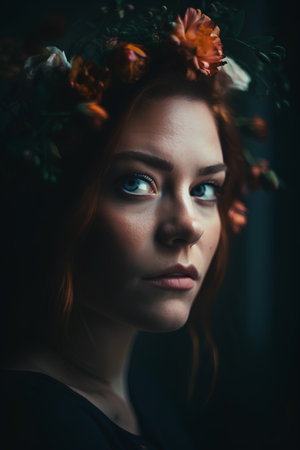portrait of a beautiful red-haired girl with flowers in her hairの素材