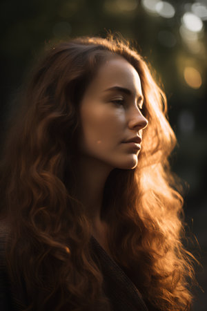 Portrait of a beautiful young woman with long curly red hair.の素材