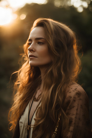 Portrait of a beautiful girl with long hair in a brown dress.の素材