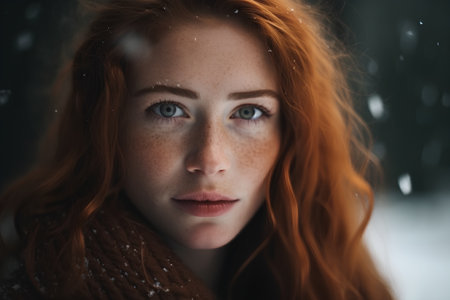 Portrait of a beautiful redhead girl with freckles on her faceの素材