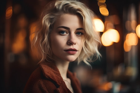 Portrait of a beautiful young woman with blond curly hair in a brown coatの素材