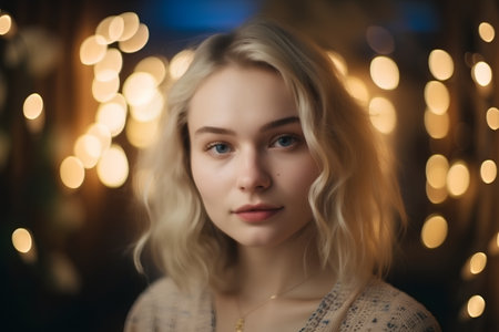 Portrait of a beautiful young woman on a background of the lightsの素材