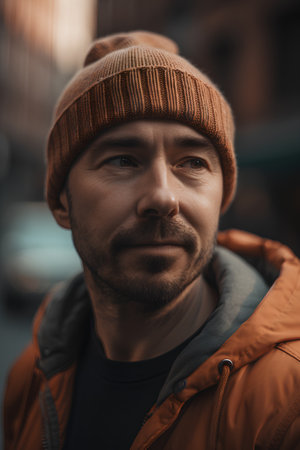 Portrait of a handsome young man in an orange jacket and a brown hat in the cityの素材