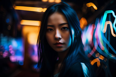 Portrait of a beautiful asian woman in a night club.の素材