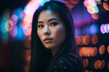 Beautiful asian woman with bokeh background at night.の素材