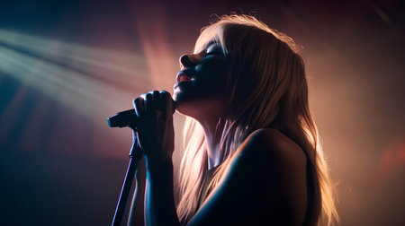 Young woman singing into a microphone in the dark with rays of lightの素材