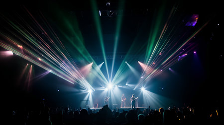 Stage lights and crowd of people in front of a live concert stageの素材