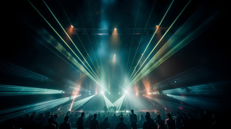 Silhouettes of people in front of a stage with laser raysの素材