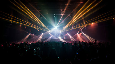 Concert crowd in front of a bright stage with rays of lightの素材