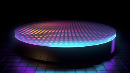 3d rendering of abstract background with neon lights. Glowing round pedestalの素材