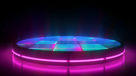 Neon circle stage with glowing lights, abstract background. 3d renderの素材