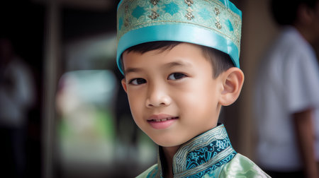 Asian muslim boy in traditional costume. Selective focus on face.の素材