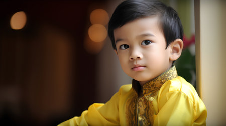 Portrait of a cute little asian boy in traditional Thai costumeの素材