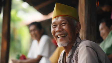 Old man in traditional costume at a temple in the north of Thailandの素材