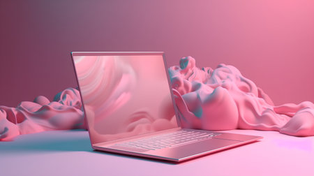Laptop with pink abstract background. 3d rendering. Computer digital drawing.の素材