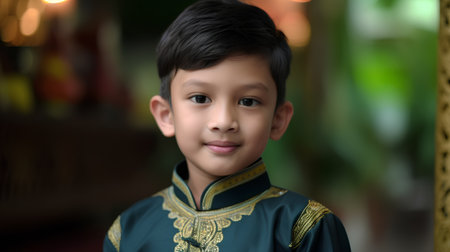 Portrait of a cute asian boy in Thai traditional costume.の素材