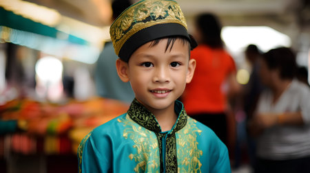 Happy Asian muslim boy in traditional costume looking at camera in mosqueの素材