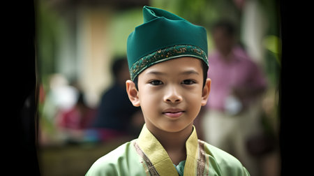 Cute asian boy in traditional costume smiling and looking at cameraの素材