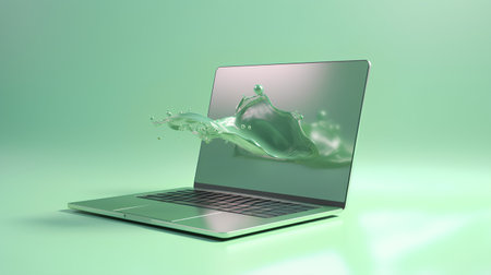 Laptop with water splash on green background. 3D rendering.の素材