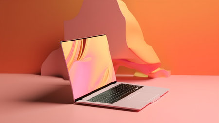 Laptop on a pink background. 3d rendering. Computer digital drawing.の素材