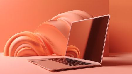 Laptop with blank screen on orange background. 3D rendering.の素材
