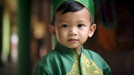 Portrait of a cute little boy wearing a green traditional costume.の素材