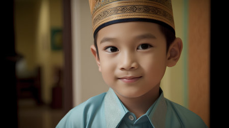 Portrait of Asian boy wearing a traditional malay hat looking at cameraの素材