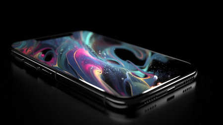 Smartphone with colorful abstract design on black background. 3d illustrationの素材