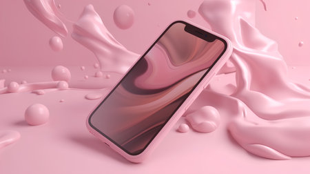Smartphone with pink liquid splash on pink background. 3D renderingの素材