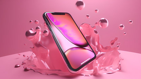 Smartphone with pink screen and drops of water. 3d renderingの素材